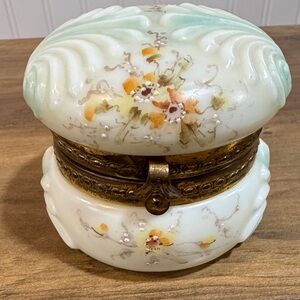 CF Monroe Vintage Floral Enameled Opal Glass Trinket Box with Brass Detail